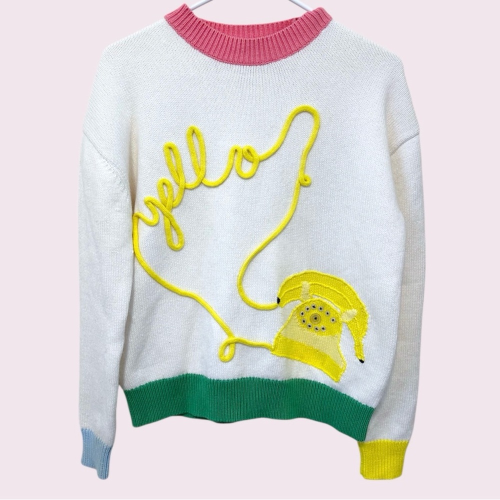 LELA ROSE Banana Phone Wool Sweater with Multicolor Trim